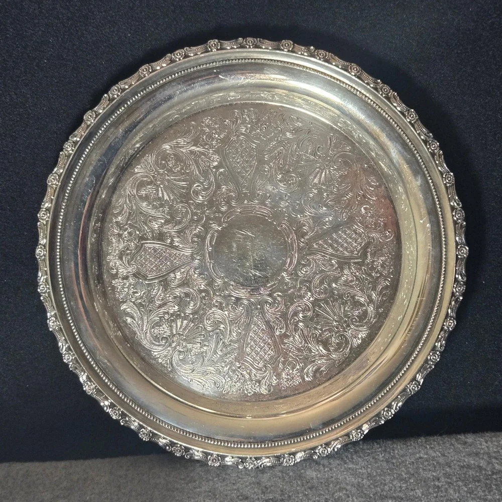 Lunt Silverplate Round Serving Tray Repousse Floral Scalloped Edge 12 Inch